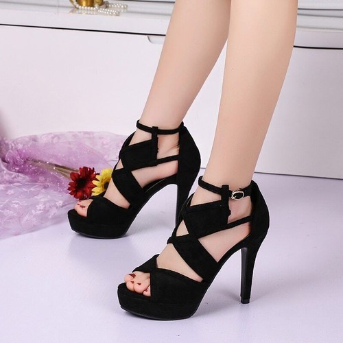 Damen Plateau High Heels Peeptoe Pumps Knöchelriemen Sandalen Stilettos Schuhe - Bild 2 von 16