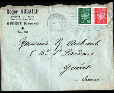 GUERET (23) OBST & HOLZ ''Roger AUBAILE'' FIRMENUMSCHLAG 1942 gereist
