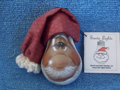 Vintage SANTA LIGHTS Hand Painted Santa On Recycled Light Bulb Xmas Ornament