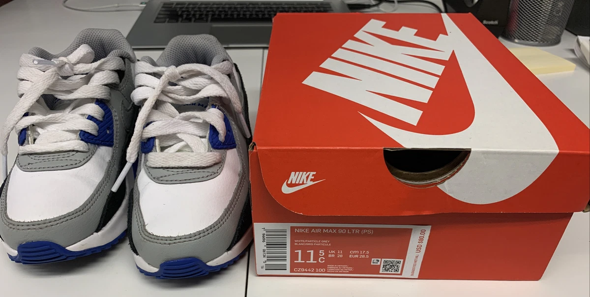 Nike Air Max 90 LTR PS CZ9442 100 Youth 11.5 White Blue Black Grey Excellent