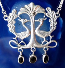 Pfau 2 Pfauen Vogel mit Onyx schwarz Collier Kette Sterling Silber 925 