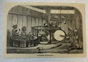 1884 magazine engraving ~ BURMESE MUSICIANS, Burma