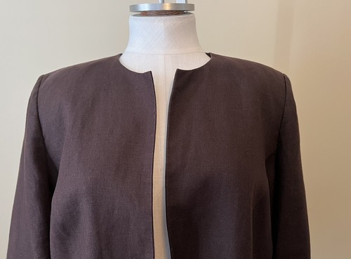 Talbots 100% Irish Linen Size 16W Brown Open Front Blazer Jacket Lined - Picture 2 of 5