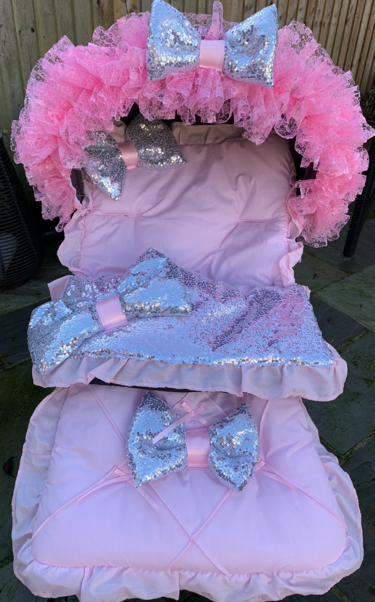 ROMANY PRAM PUSHCHAIR FRILLY BLING PINK/SILVER COSYTOES FOOT