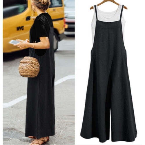 Women Casual Loose Long Bib Pants Wide Leg Jumpsuits Baggy Cotton Rompers Overal - Picture 8 of 18