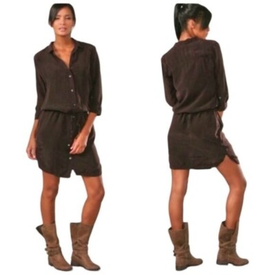 James Perse V-Neck Drawstring Waist Shirt Dress Dark Brown Coastal Lagenlook S
