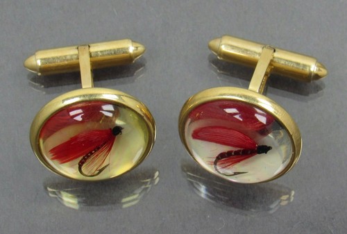 Krementz Cufflinks Fly Fishing Hook Lure Lucite Encased Red Feather - Picture 5 of 10