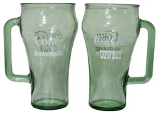 2 Coca Cola (Coke) Green Whataburger Cowboy Drinking Glasses w/ Handles, Vintage