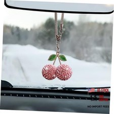 Bling Cherry Car Rear View Mirror Charm, Rhinestone Auto Rearview Mirror Pink