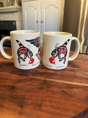 2 Jack Hudson Indigenous Art ''House of the Wolf''  Metlakatla Alaska Mug 1992 Vtg