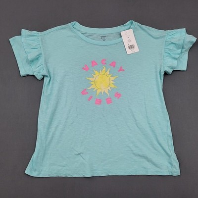 Crown & Ivy Shirt Womens Medium M Short Ruffle Sleeve Vacay Vibes Sun Knit Blue