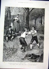 Original Old Antique Print 1886 Men Fighting Sier Woman Watching Country Scene