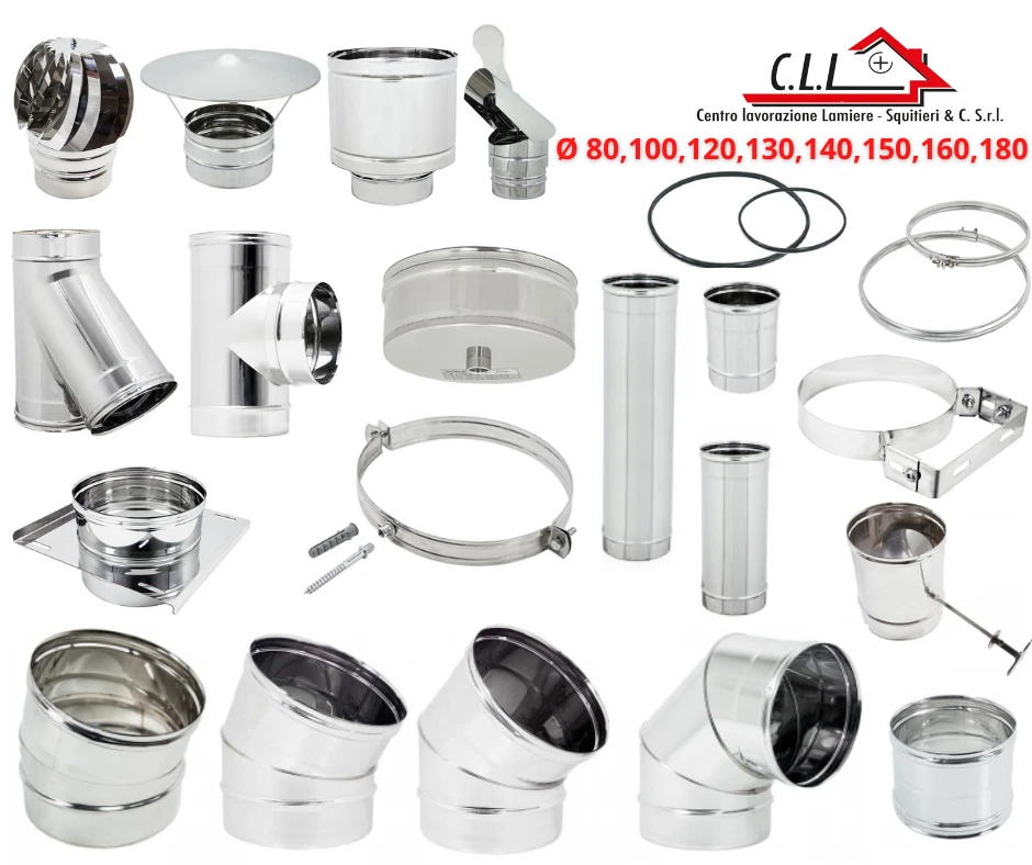 Canna Fumaria Kit Camino Uscita Fumi Stufa Tubo Acciaio Inox e Accessori
