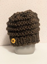 Handmade Beanie for Baby Girl Knit Hat Brown with Sunflower 0-6 Months Gift
