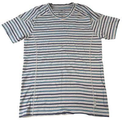 Kathmandu 2XL Merino 195 100% Wool Striped Short Sleeve T-Shirt Gray Blue Hiking