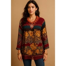 Luxe Boho Floral Embellished Tunic Top Sheer Folk Art Layered M/L