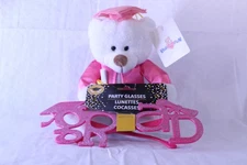 Graduation Bear Plush w/ Pink Cap & Gown + Glitter Grad Glasses Combo Gift