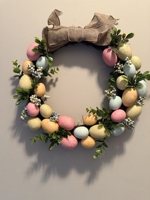 Easter Egg Grapevine Wreath Pastel Eggs Burlap Bow Spring Door Decor 15 