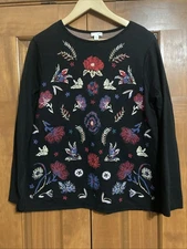 JJill Women’s Size Medium Black Floral 100% Cotton Sweater Tunic Top Long Sleeve
