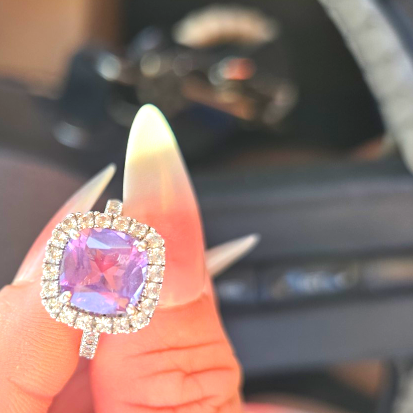 Silver Tone Purple Cushion Halo Cocktail Ring Size 7 Stackable