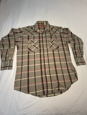 VTG Ely Plains Men's Western Pearl Snap Shirt L/S Plaid Brown Grey Sz L Cowboy