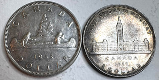 1939 & 1953 2 SILVER Canada Canadian DOLLARS Shown USA ONLY USA $5.00 SHIP