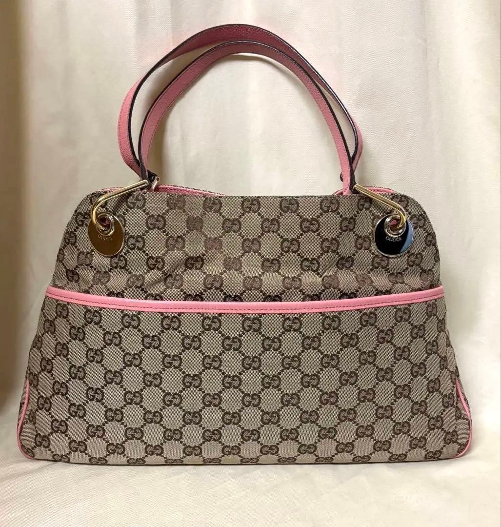 GUCCI GG Canvas Leather Tote Bag Beige Pink Gold Hardware Excellent Condition