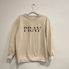 Beige Fleece Pullover Sweatshirt Graphic Print Crew Neck Women's Large Solid