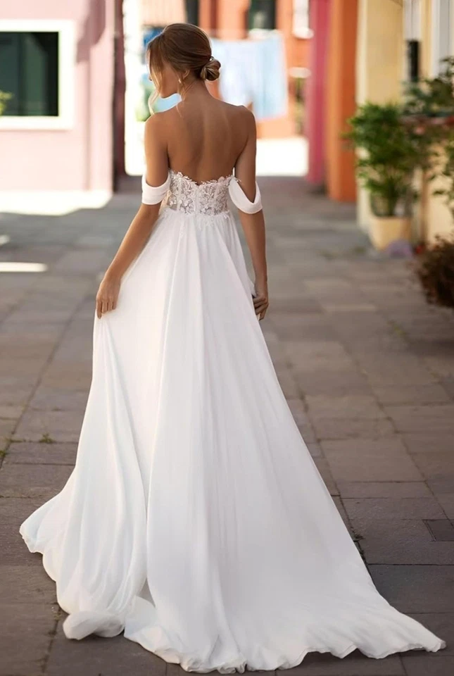 Brautkleid Gr. 40 Chiffon Spitze elfenbein Carmen Ärmel neu kleine Schleppe - Bild 4 von 4