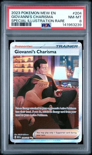2023 POKEMON MEW EN-151 SPECIAL ILLUSTRATION RARE #204 GIOVANNI'S CHARISMA PSA 8