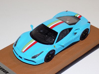 143 Looksmart Ferrari 488 Gtb In Baby Blue With Italian Stripe On Leather Base Ebay