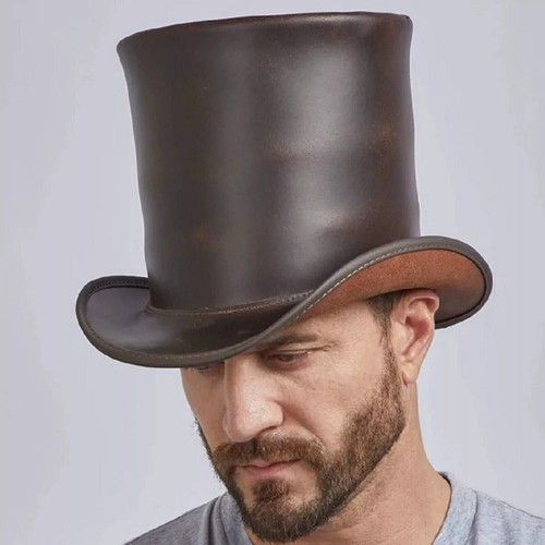 Cappello Stovepiper Uomo 100% Pelle di Vacchetta Stovepipe Top Alto 6,5" Colore Corona - Foto 2 di 7