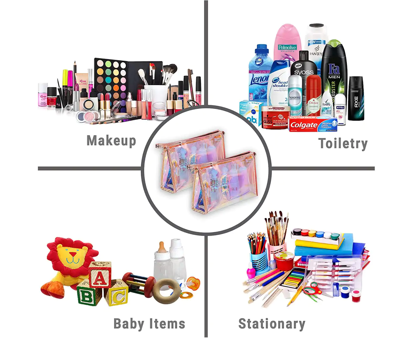 Set of 2 Iridescent Makeup Pouch for Cosmetic Toiletry, Pencil, Brush