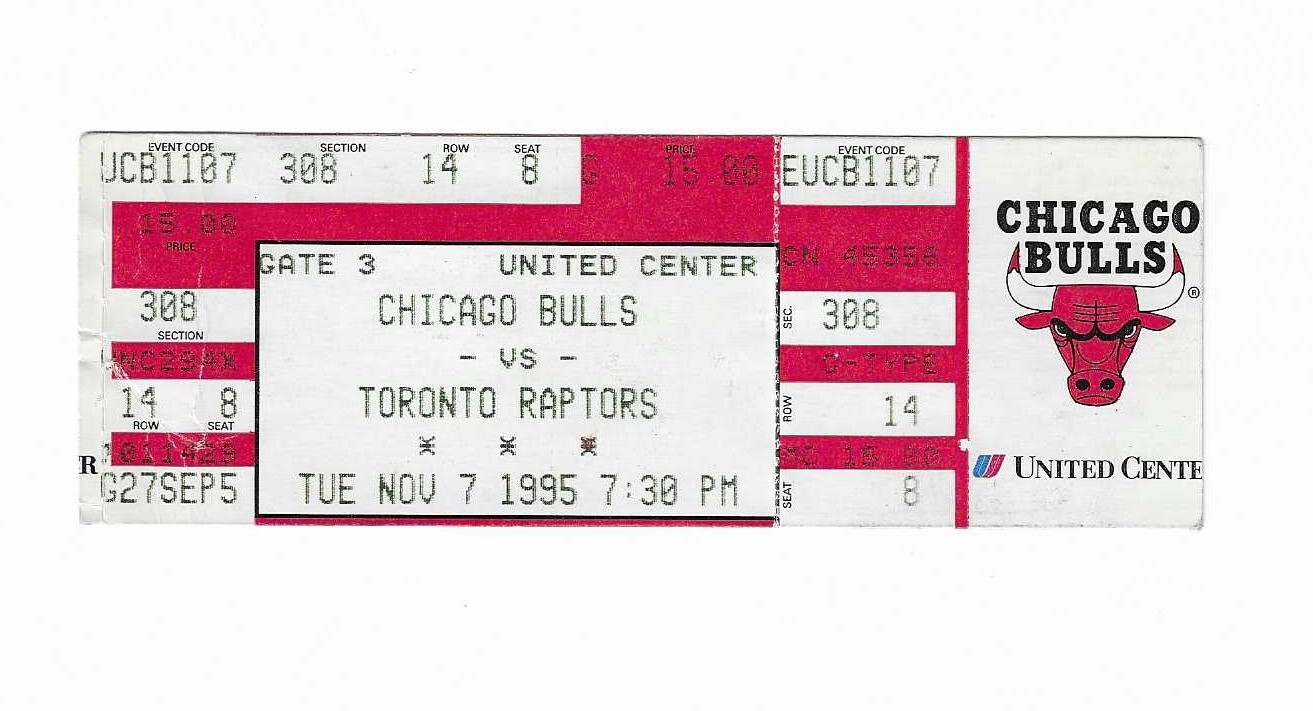 Chicago Bulls vs Toronto Raptors Unused Basketball Ticket from 11/7/1995