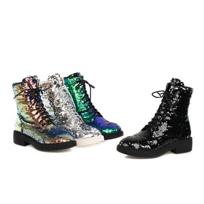 NEW Women Flat Low Heels Bling Ankle Boots Round Toe Glitter