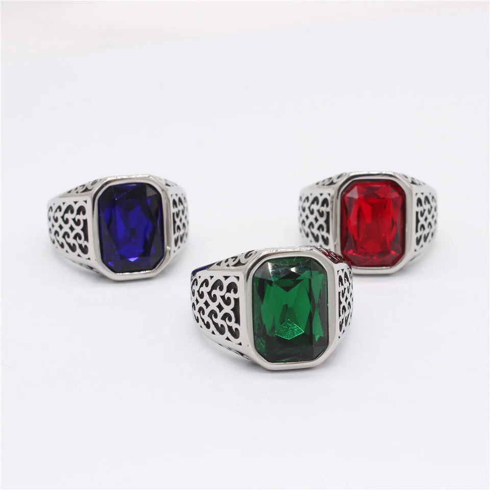 Anillo de Sello para Hombre Acero Inoxidable Vintage Cuadrado Piedra Azul Motociclista Banda Regalo Foto 3 de 4