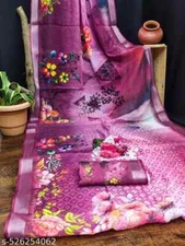 New Linen Cotton Sari With Unstitched Blouse Piece Party Wedding Wear For Women