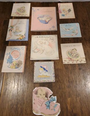 Vintage 1940s Used Greeting Cards Baby To Be Baby Shower Christening Lot Of 10