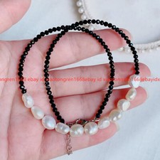 Faceted 3mm Black Spinel Natural White Baroque Pearl Beaded Necklace 16-36''