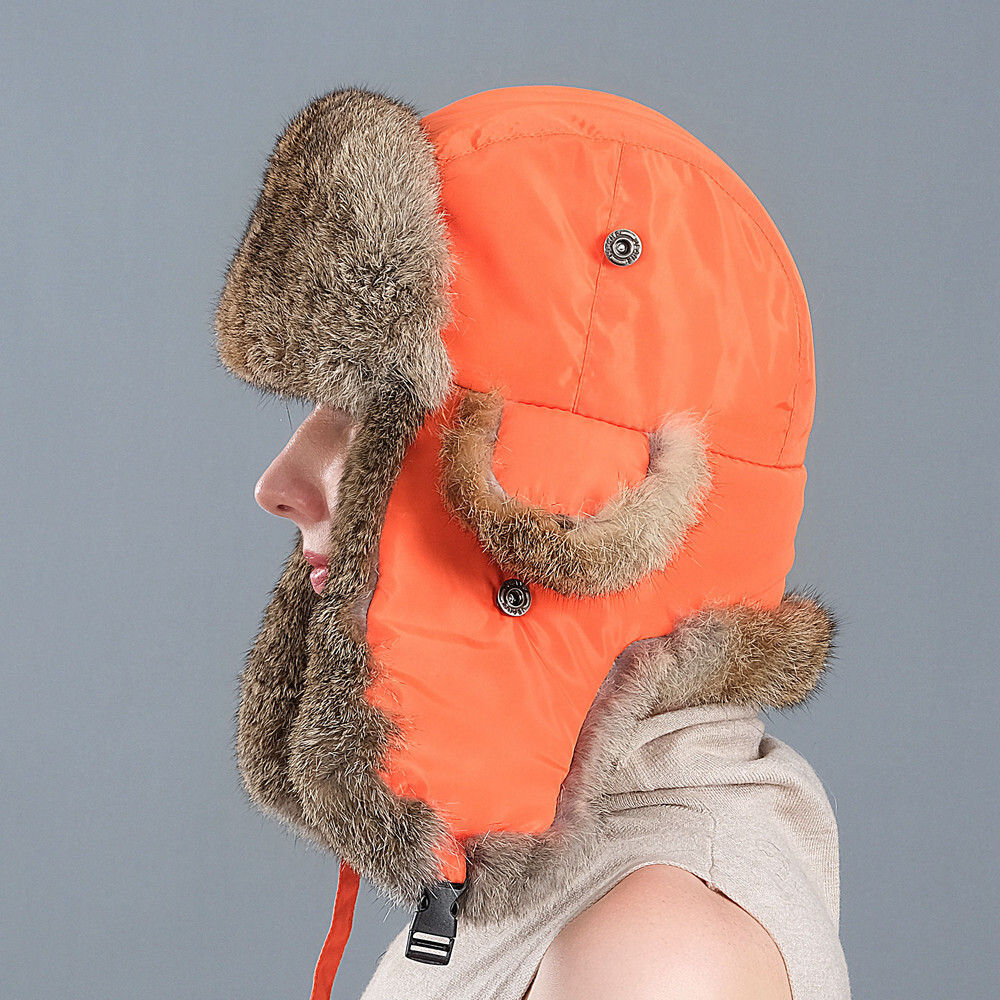 Men Winter Genuine Rabbit Fur Trapper Hats Russian Ushanka Warm Earflap ...