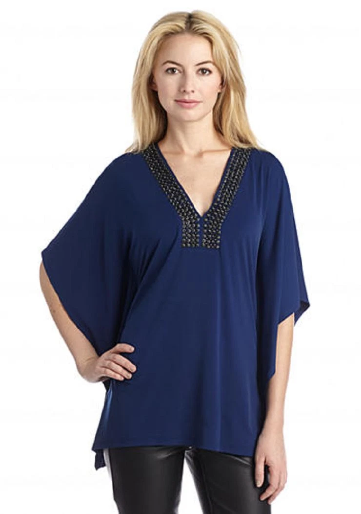 NWT MICHAEL KORS NAVY BLUE EMBELLISHED NECK TUNIC SIZE S $140