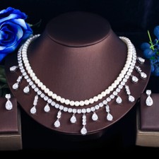 Silver Plated Pearl CZ Zircon Tassel Dangle Necklace Earrings Bridal Jewelry Set