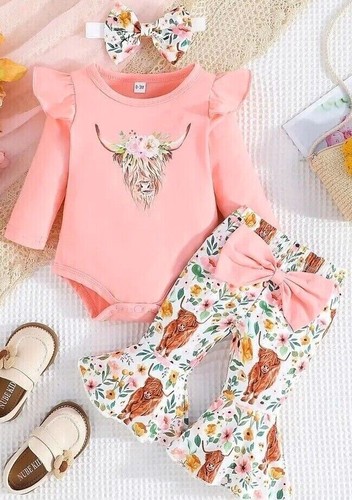 Baby Girls Pants Set Highland Cow 12-18 M Purple or Peach Floral Flared Leg NEW - Picture 2 of 30