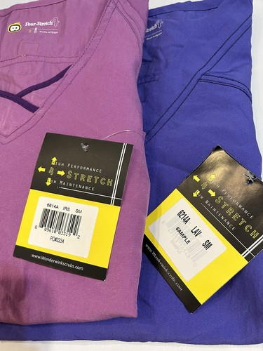2 NWT Women's Size S WonderWink Four Stretch Scrub Tops - Grape & Violet Purple - Picture 2 of 7