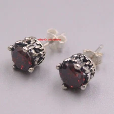 8mm Round Red Garnet With Solid 925 Sterling Silver Crown Stud Earrings