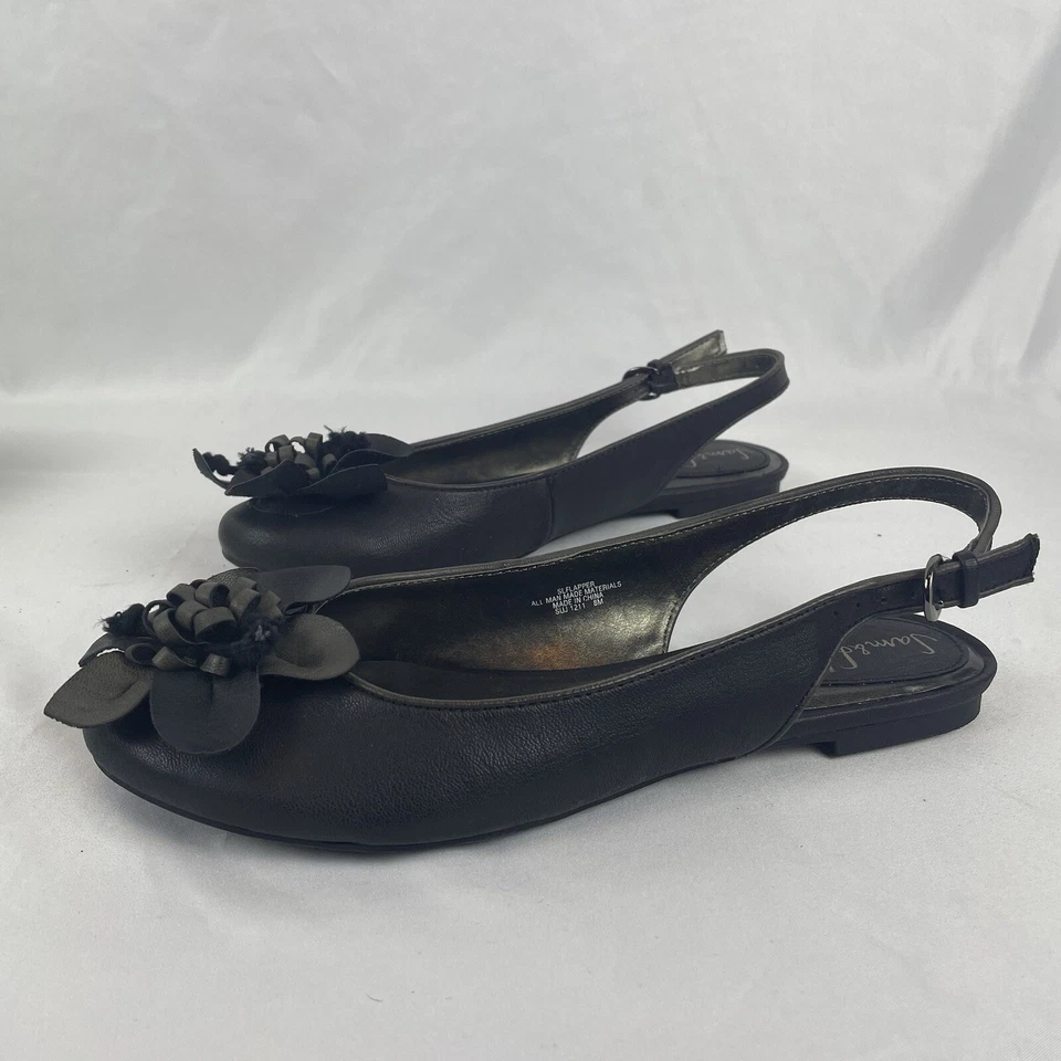 Sam & Libby Flapper Flat Black Slide Sandals Strap Heel Shoe Flower NWT Size 8 - Image 2 of 4