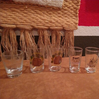 Lot of 5 Vtg Tourist Shot Glasses Weinstube, Rivaz, Ligerz Schafis, US Lines
