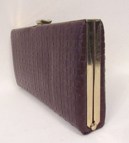 VINTAGE 1960s 70s SHIRL MILLER FAUX LEATHER WEAVE CLUTCH HANDAG BURGUNDY BRASS - Picture 8 of 12