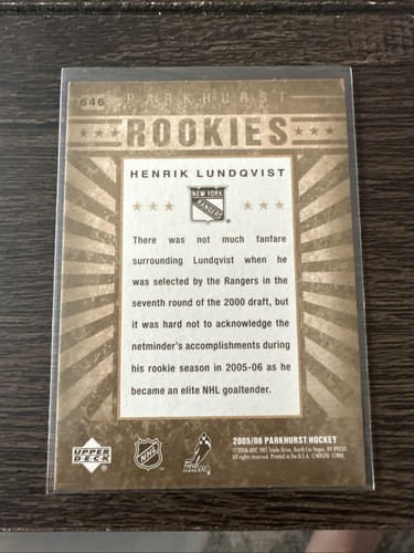 2005-06 Parkhurst - Parkhurst Rookies Henrik Lundqvist #646 (RC) - Picture 2 of 2