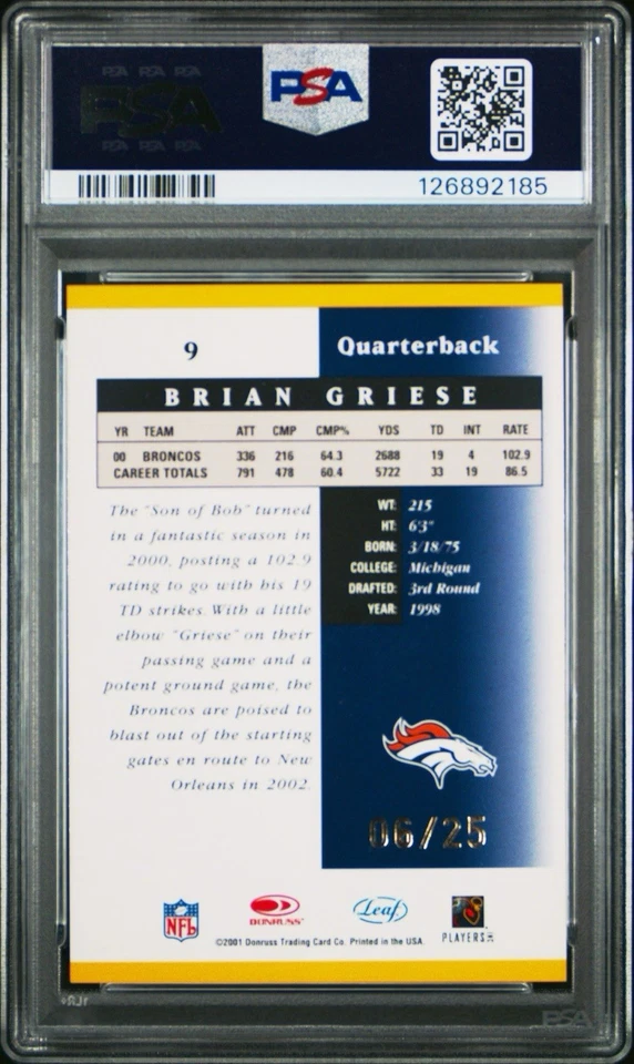 2001 Leaf Certified Brian Griese #/25 Gold Materials Mirror Broncos 9 PSA 9 Mint - Image 2 of 2
